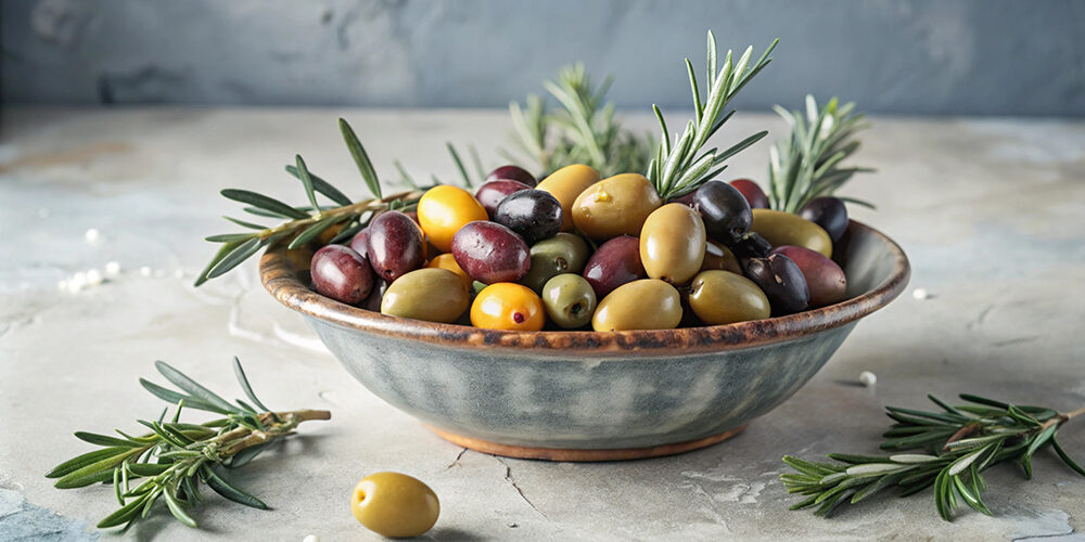 A bowl of assorted olives with rosemary sprigs on a light textured background.